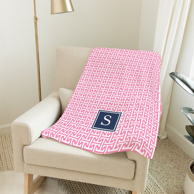 Pink and Navy Preppy Pattern Monogram Fleece Blanket (Creator Uploaded)