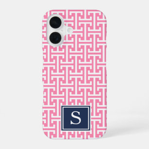 Pink and Navy Preppy Pattern Monogram iPhone 16 Case