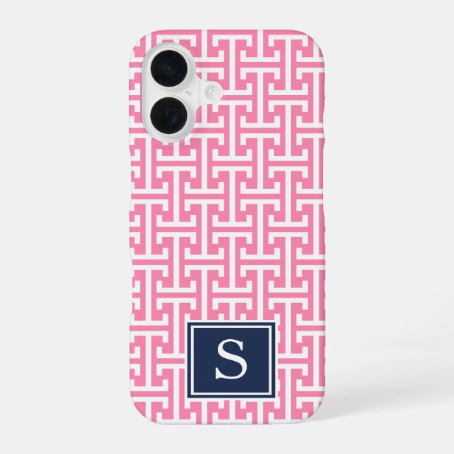 Pink and Navy Preppy Pattern Monogram iPhone 16 Case (Back)