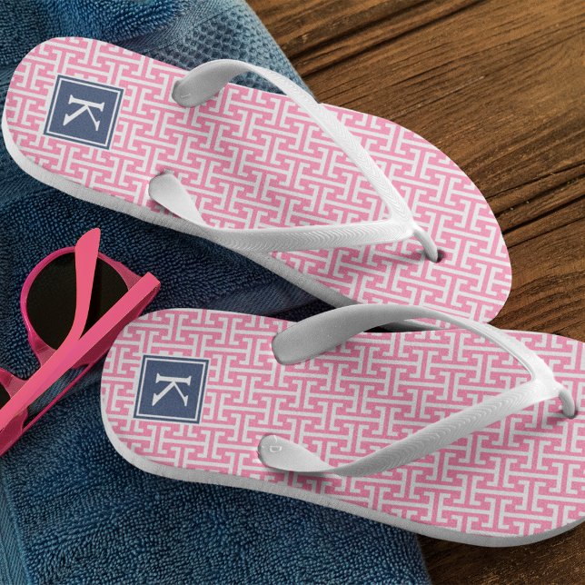 Pink and Navy Preppy Pattern Monogram Jandals (Creator Uploaded)