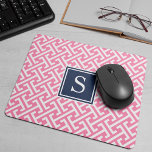 Pink and Navy Preppy Pattern Monogram Mouse Pad<br><div class="desc">Add a personalised touch to your desk setup with our preppy-chic monogrammed mousepad. Design features a modern geometric greek-inspired pattern in bright candy pink and white, with your single initial monogram displayed on a navy blue square badge. If not monogramming, simply delete the sample initial and click "clear" to remove...</div>