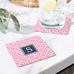 Pink and Navy Preppy Pattern Monogram Square Paper Coaster