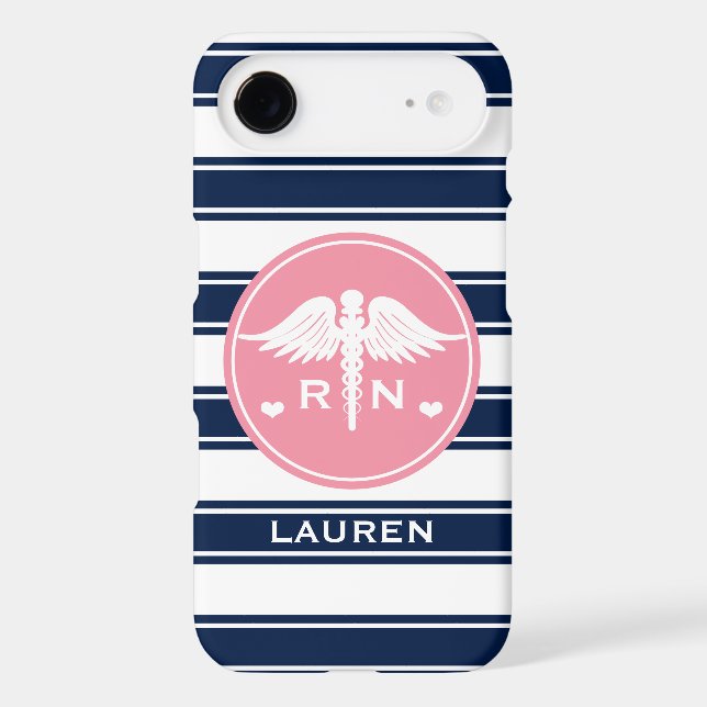 PINK AND NAVY STRIPE CADUCEUS NURSE RN Case-Mate iPhone CASE (Back)