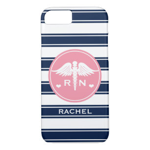 PINK AND NAVY STRIPE CADUCEUS NURSE RN Case-Mate iPhone CASE