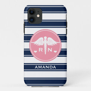 PINK AND NAVY STRIPE CADUCEUS NURSE RN Case-Mate iPhone CASE