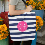 Pink and Navy Stripe Monogram Tote Bag<br><div class="desc">Personalise this chic navy blue and white striped tote bag with your single initial monogram on a bright and colourful magenta pink circle badge.</div>