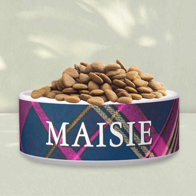 Pink and Navy Tartan Plaid Personalized Pet Dog Bowl (A stylish, personalized dog bowl, with tartan plaid pattern in pink, blue and golden tones)