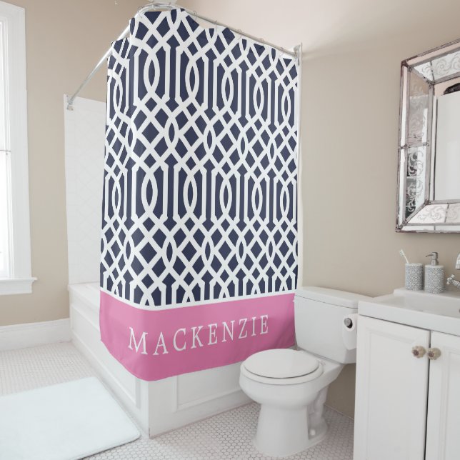 Pink and Navy Trellis Monogram Shower Curtain (In Situ)