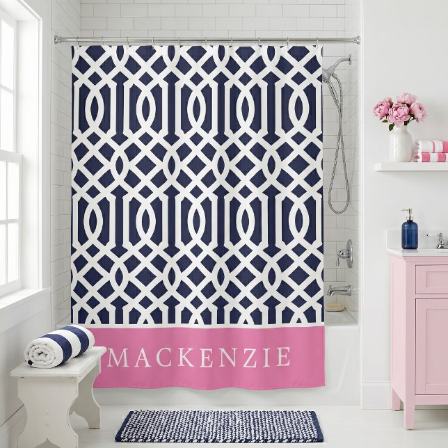 Pink and Navy Trellis Monogram Shower Curtain (Creator Uploaded)