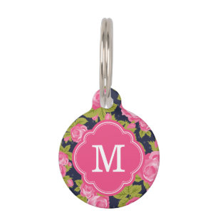 Pink and Navy Vintage Roses Monogram Pet Tag