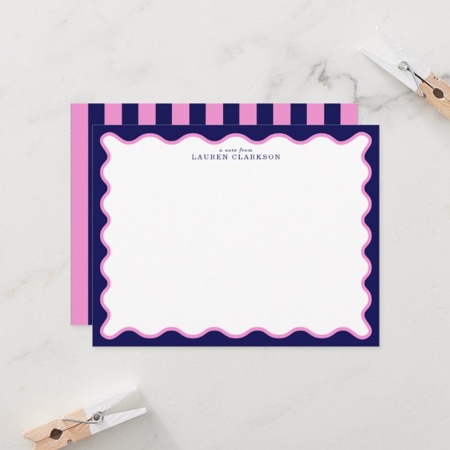 Pink and Navy Wavy Frame Note Card with Striped Ba (Front/Back In Situ)