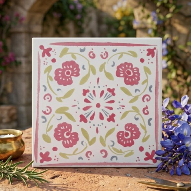 Pink and Olive Folk Art Floral Decorative Tile (Pink and Olive Folk Art Floral Decorative Ceramic Tile)