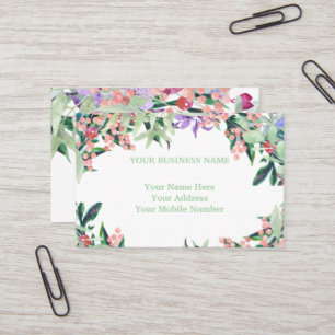Pink and olive green floral water colour business card