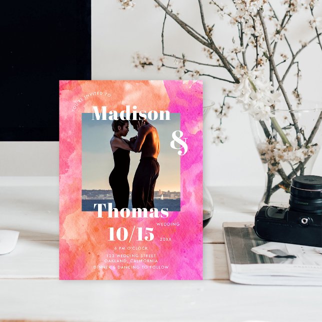 Pink and Orange 1 Photo Bold Minimalist Wedding Invitation (Creator Uploaded)