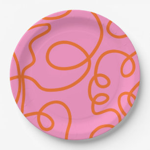 Pink And Orange Abstract Lines Brush Strokes Paper Plate