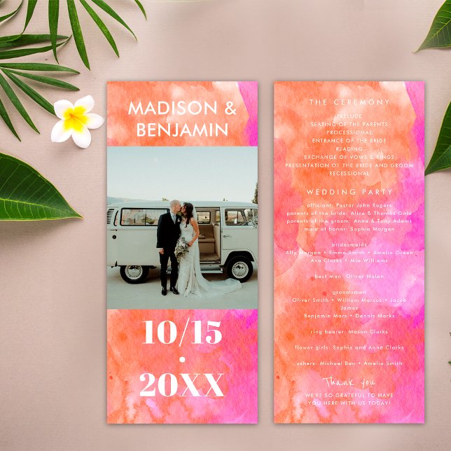 Pink and Orange and White Photo Minimalist Wedding Programme (Front / Back)