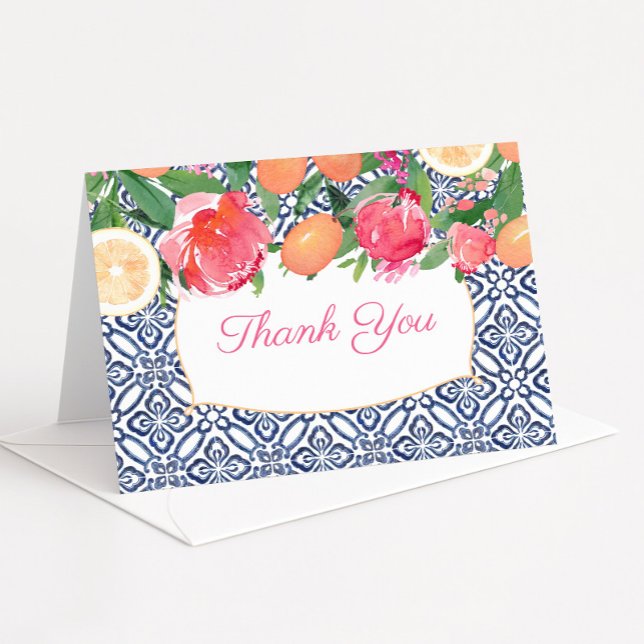 Pink and Orange Blue Tiles Mediterranean Shower Thank You Card (Vibrant Mediterranean theme thank you card design)