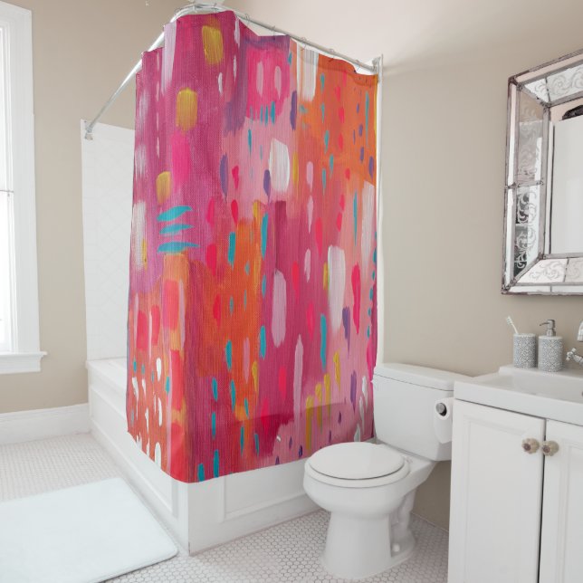 Pink and Orange Brush Marks Abstract  Shower Curtain (In Situ)