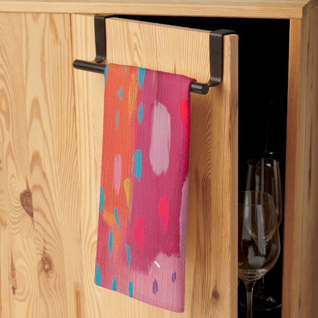 Pink and Orange Brush Marks Abstract  Tea Towel (Thirds Fold)