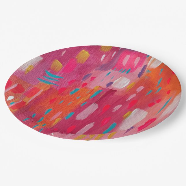 Pink and Orange Brush Marks Paper Plate (Angled)