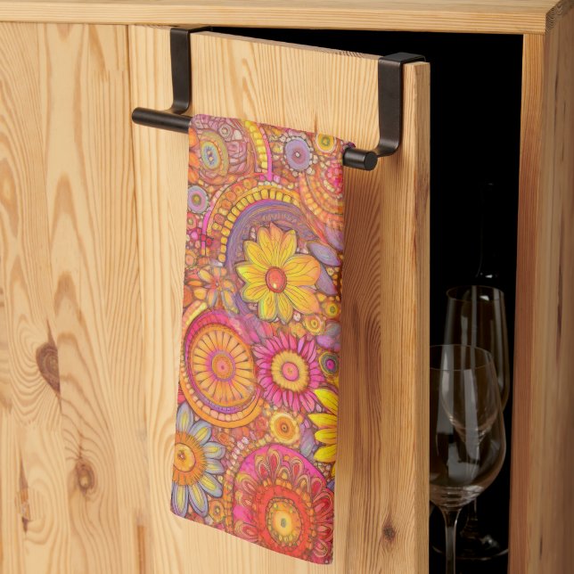 Pink and Orange Daisies Kitchen Towel (Thirds Fold)