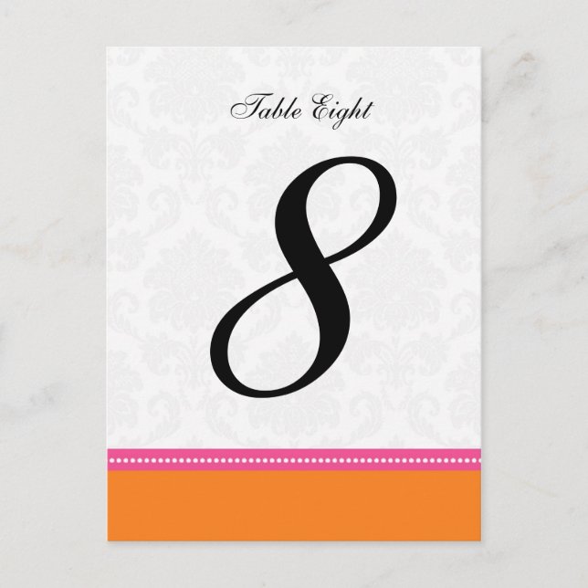 Pink and Orange Damask Wedding Table Number Postcard (Front)