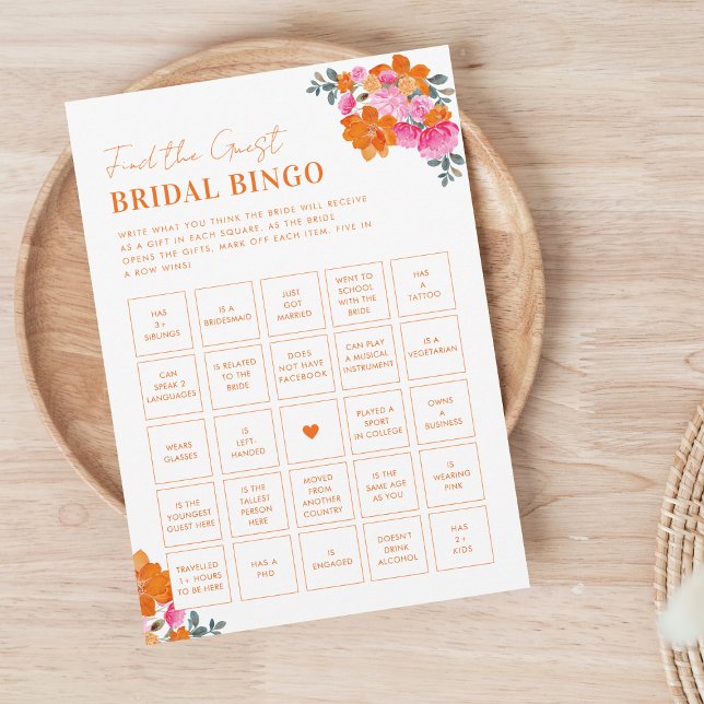 Pink and Orange Find the Guest Bridal Bingo Game Invitation (Creator Uploaded)