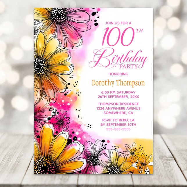 Pink and Orange Floral 100th Birthday Party Invitation (Creator Uploaded)