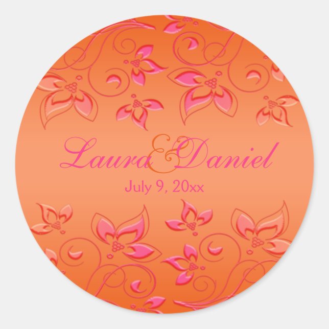 Pink and Orange Floral 1.5" Round Wedding Sticker (Front)