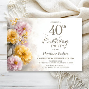 Pink and Orange Floral 40th Birthday Party Invitation