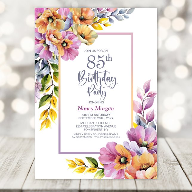 Pink and Orange Floral 85th Birthday Party Invitation (Creator Uploaded)