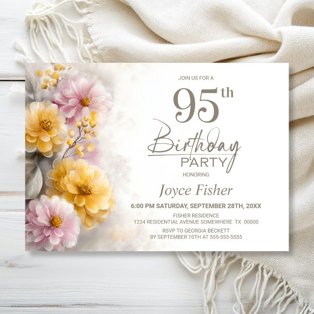 Pink and Orange Floral 95th Birthday Party Invitation (Creator Uploaded)
