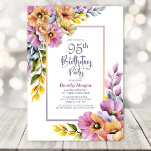 Pink and Orange Floral 95th Birthday Party Invitation
