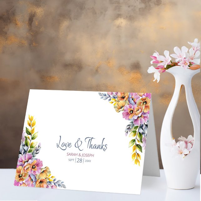 Pink and Orange Floral Love and Thanks Wedding Thank You Card (Creator Uploaded)