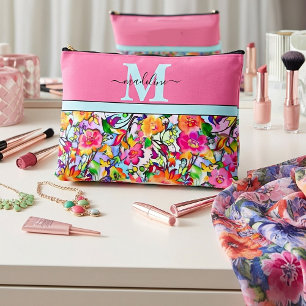 Pink and orange floral personalised accessory pouch