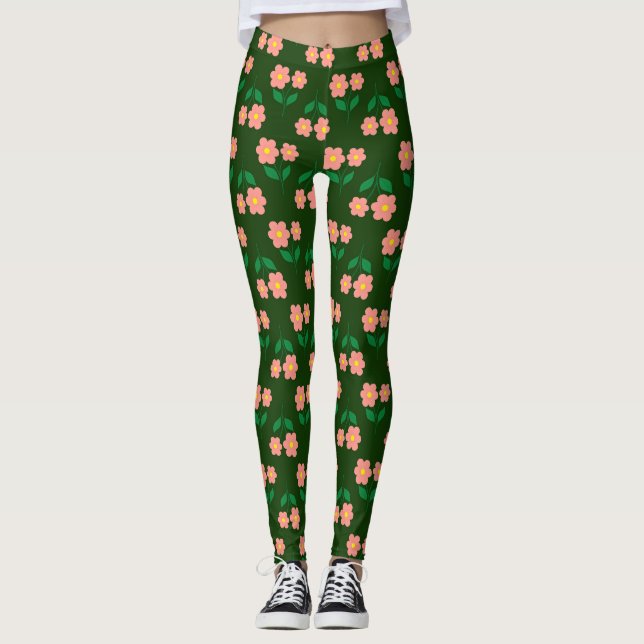 Pink and orange floral print on rich green leggings (Front)