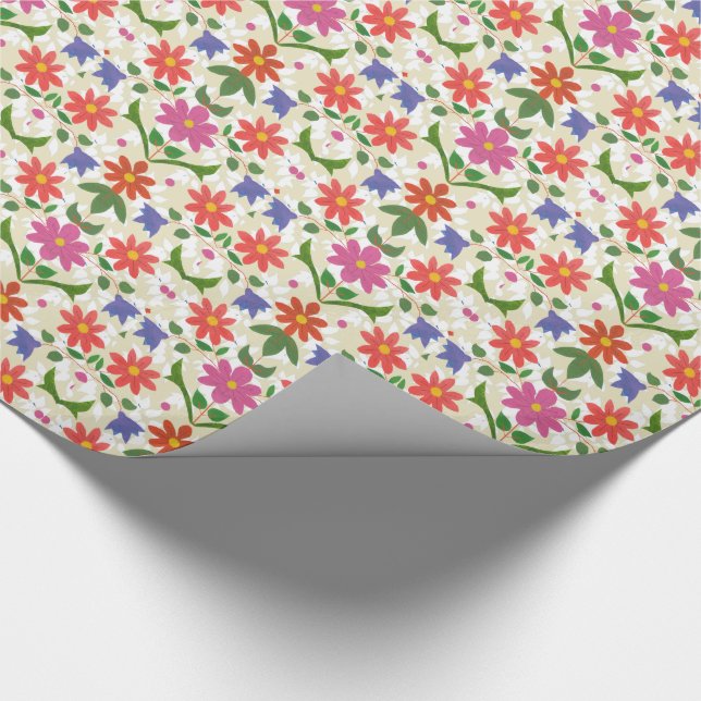 Pink and Orange Flowers and Polka Dots on Ecru Wrapping Paper (Corner)