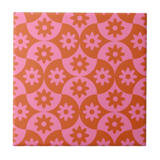 Pink and Orange Flowers on Mid Century Scallop  Tile (Front)