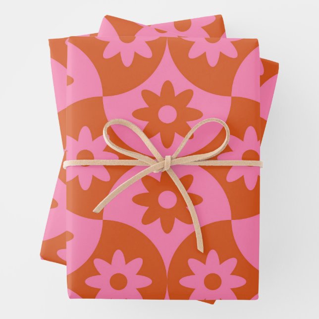 Pink and Orange Flowers on Mid Century Scallop  Wrapping Paper Sheet (In situ)