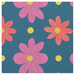 Pink and Orange Flowers, Polka Dots on Blue Fabric