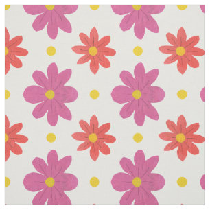 Pink and Orange Flowers, Polka Dots on Whit Fabric