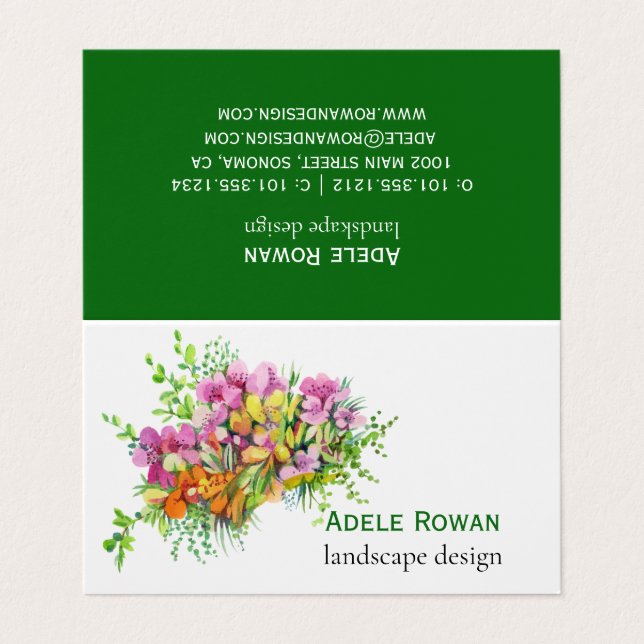 Pink and orange flowers watercolor painting business card (Outside Unfolded)