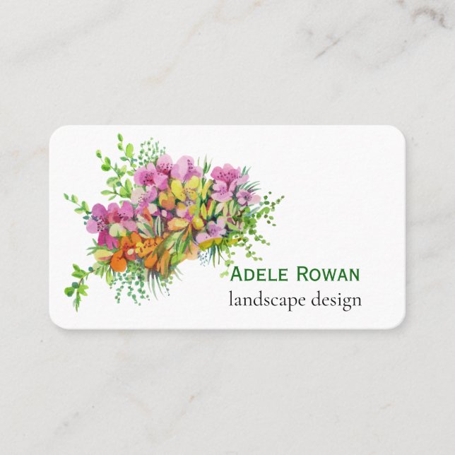 Pink and orange flowers watercolor painting business card (Front)