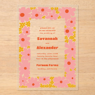 Pink and Orange Groovy Blooms Boho Wedding Acrylic Invitations