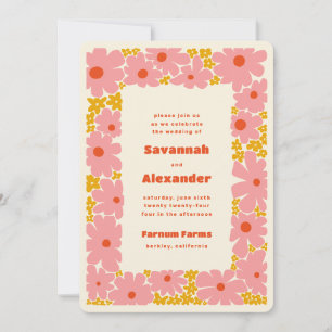 Pink and Orange Groovy Blooms Boho Wedding Invitation