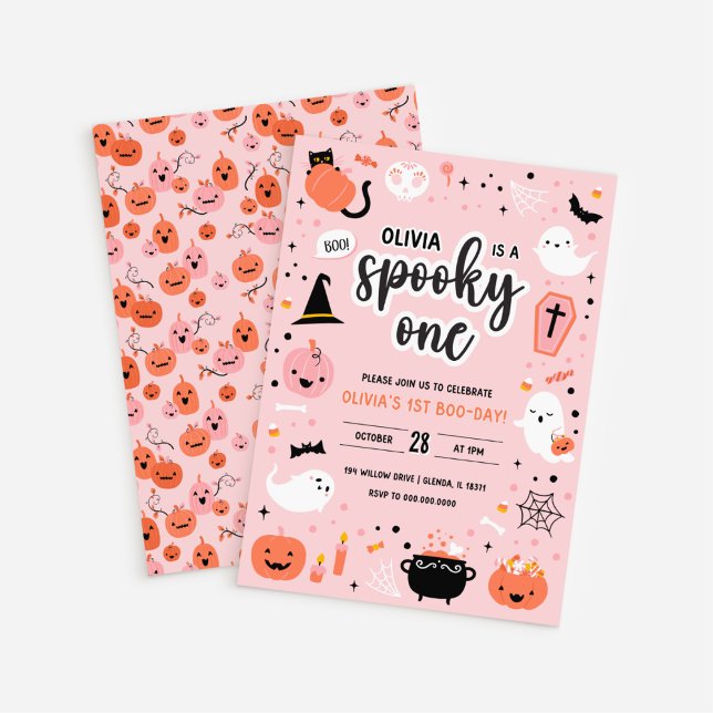 Pink and Orange Halloween 1st Birthday Invitation  (White BG Pink and Orange Halloween 1st Birthday Invitation)