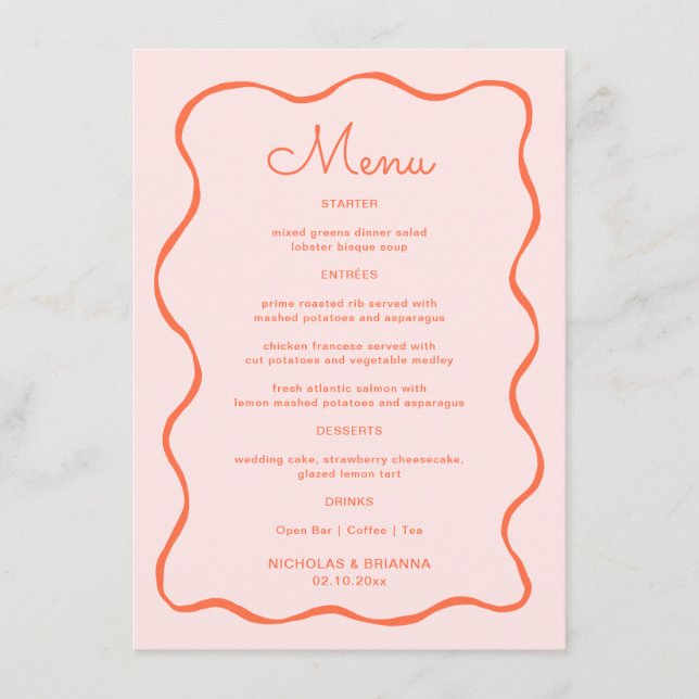 Pink and Orange Hand Drawn Wave Wedding Menu (Front)