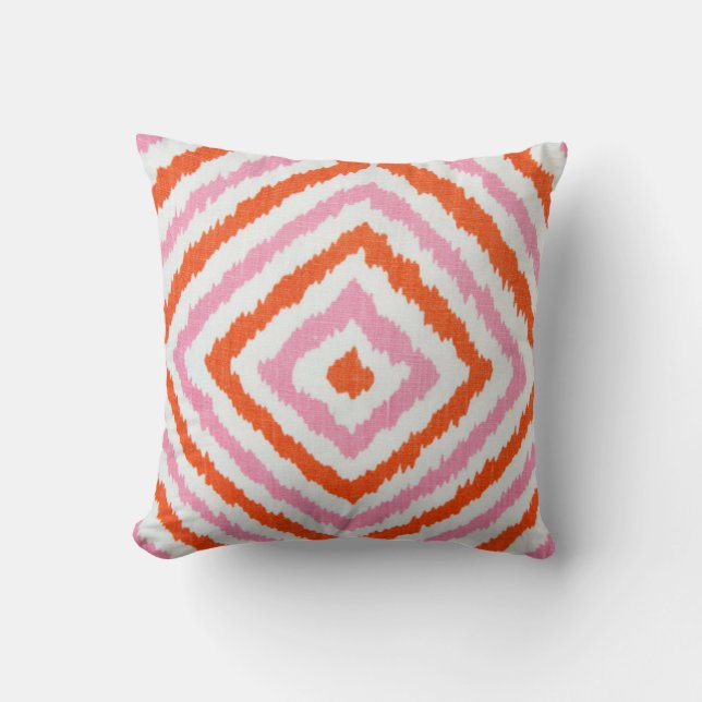 Pink and orange ikat diamond shapes cushion (Front)