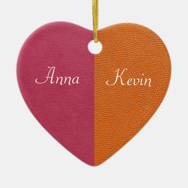 Pink and Orange Leather Look Ceramic Tree Decoration (Front)