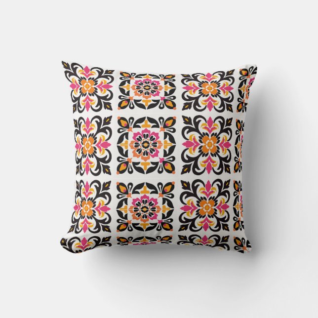 Pink and Orange Mexican Folk Tile Cushion (Front)